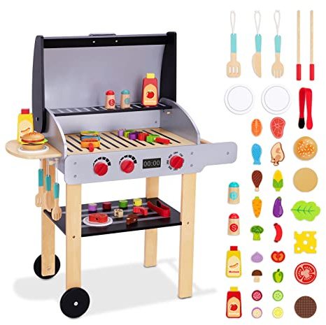 OOOK Wooden Play Barbecue Toy Grill, Kids Grill Playset with Toy Food and Grilling Tools, Play Kitchen Accessories for Toddlers Boys Girls Age 3+