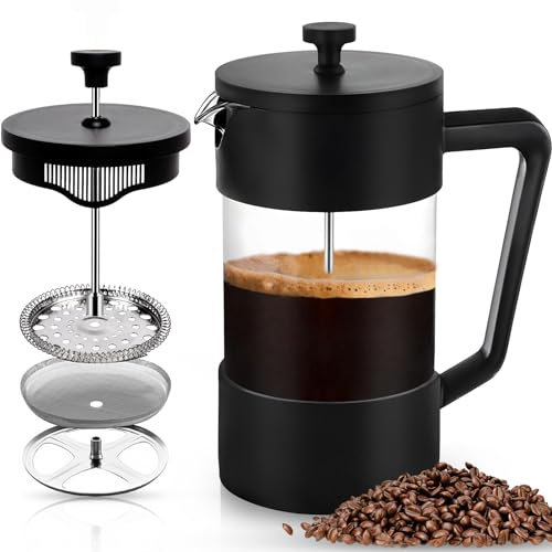 POWZOO French Press Kaffeebereiter,1000 ml-Glas Kaffeepresse,aus Edelstahlfilter und Hitzebeständiges Glas,rutschfester weicher Griff,für Tee und Kaffeezubereiter,Zuhause Reisen Camping(Schwarz)