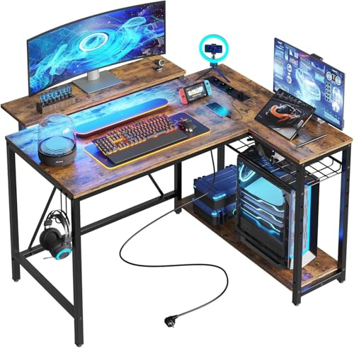 Bestier Scrivania a Forma di L con Prese di Corrente e Luci a LED Scrivania ad Angolo con Ripiani Scrivania per Computer Reversibile con Ganci per Casa Ufficio Camera da Letto Piccolo Spazio 106,5 cm