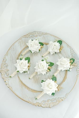 Yelinart Set mit 6 elfenbeinfarbenen Rosen für Herren, Ansteckblume für Hochzeit, Bräutigam, Trauzeugen, künstliche weiße und beigefarbene Blumen, Boutonniere für Hochzeit, Abschlussball, Heimkehr,