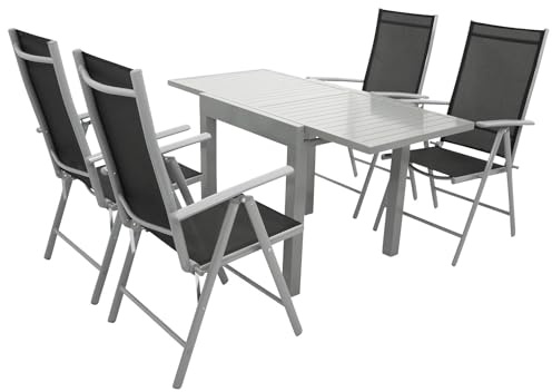 DEGAMO Gartengarnitur Tirana 5-teilig, 4X Klappsessel Aluminium Silbergrau + Kunstgewebe schwarz + 1x Ausziehtisch Aluminium 70/140x70cm, Silbergrau
