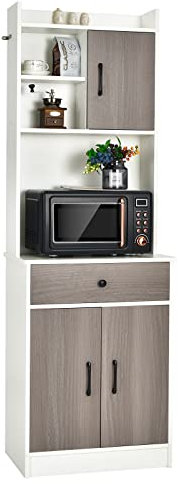 COSTWAY Küchenschrank, Buffetschrank mit Schublade, verstellbare Einlegeböden und Kabelloch, Hochschrank Küche Holz, großes offenes Raum für Mikrowelle, freistehend, 60 x 40 x 180cm (weiß)