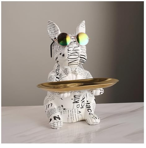 Tauzveok Bunt französische Bulldogge deko, Hund deko Statue für Schlüssel Ablage, Süßigkeiten Schmuck, Ohrringe, Bulldog deko Schlüssel Schale, Mit Tablett,Weiß