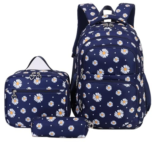 SIVENKE Ensemble de sac à dos d'école imprimé marguerite avec sac à lunch et étui à crayons - 3 pièces - Sacs d'école pour adolescents, filles et garçons - Sac à dos résistant à l'eau, léger, pour