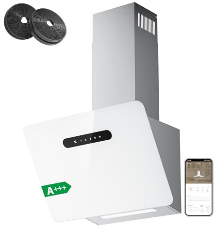 CIARRA CBCW6736K A+++ Campana Extractora Cocina 60cm Recirculación Funcionamiento WIFI Sensor Touch Bonete Inclinado sin Cabezal 650m³/h CBCF003 Filtro de Carbón Activo Acero Inoxidable Cristal Blanco