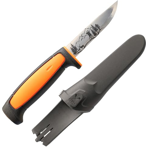 WPW Jagdmesser mit Berglandschaft Gravur, orange/schwarz, 91 mm Carbonstahlklinge, inkl. Kunststoffscheide