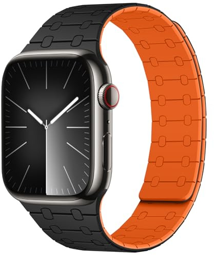 Magnetic Straps Compatible with Apple Watch Band 49/46/45/44/42/41/40/38mm Women Men, Sport Silicone Strap for iWatch Ultra 3/2/1 Series 11 10 9 8 7 6 5 4 SE3/2/1 (42/41/40/38, Black/Orange)