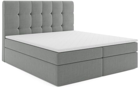 MRGROUP Boxspringbett mit Bettkasten KAROLINA 140 x 200 cm, geflechtes Stoff, Polsterbett mit Bonell-Matratze und Topper Doppelbett mit Stauraum Bett für Schlafzimmer Gepolstertes Kopfteil H3 hellgrau