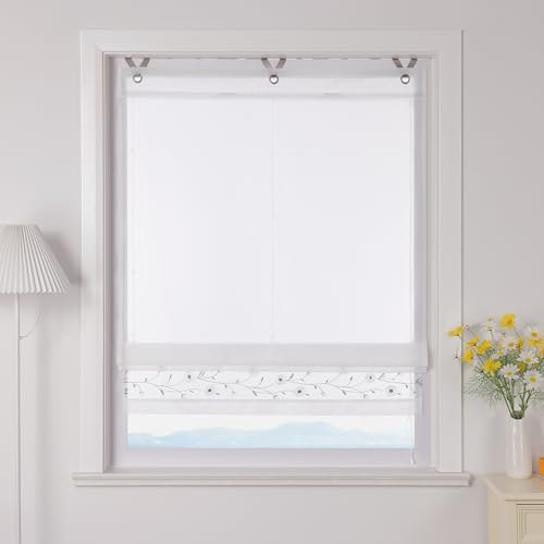 ESLIR Raffrollo Landhausstil Raffgardine ohne Bohren Weiß Gardinen Küche Transparent Bändchenrollo mit Ösen Wohnzimmer Weiß BxH 60x150cm 1 Stück