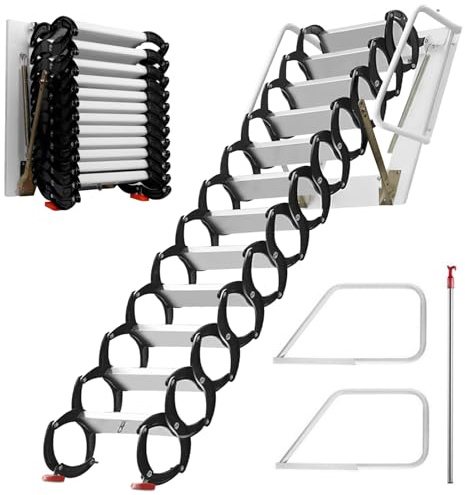 Attic Ladder Pull Down System, 10.85Ft Wall Mounted Folding Pull Down Attic Stairs, 900 LBS Load Capacity, 12 Steps Al-Mg Alloy Retractable Attic Stairs for Attics, Basements, Warehouse