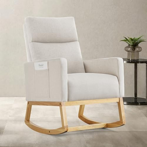 Aunekiv Mecedora para Lactancia, Respaldo Alto, de Lino, para Adultos, con Bolsillos Laterales y Base de Madera para Sala de Estar, Dormitorio, Color Marfil