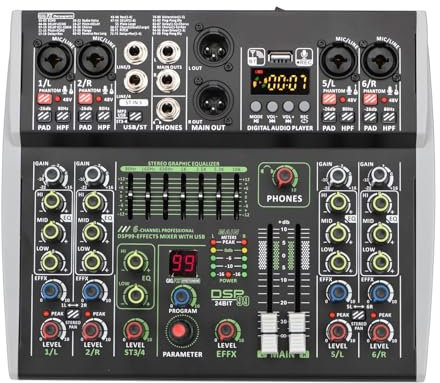YQVEOT Professional Mixer Mini Mixer Audio A 6 Canali Console di Missaggio Audio 48V 99 DSP Tavolo PC USB Professionale Registra Riproduzione for Recording DJ Stage Karaoke Music Application