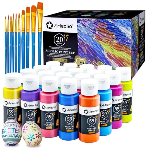 Artecho Metallic Acrylic Paints Set 20 Colors 2 Ounce/59ml with 10 Art Brushs, Non Toxic, Acrylic Paint Kit for Canvas, Crafts, Glass, Clay, Wood, Fabric, Leather&Rock