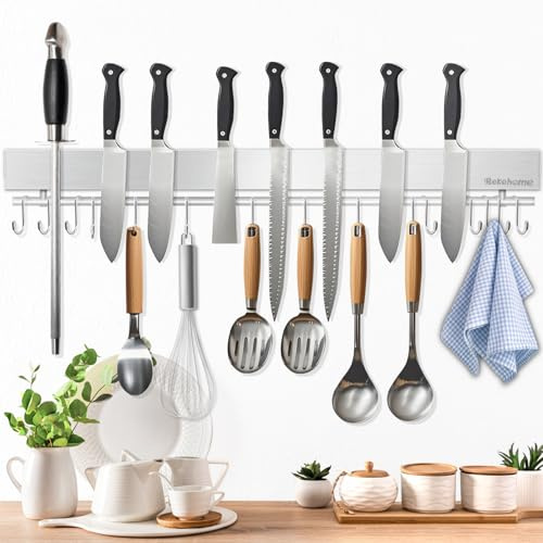 Rekehome 59 cm Magnetic Knife Holder with 15 Hooks, No Drilling Knife Magnetic Strips and Utensil Hanger for the Wall, Strong Knife Magnetic Holder Includes Adhesive Tape and Screws