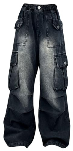 Jeans cargo da ragazza in denim, pantaloni cargo multitasche per bambini, jeans baggy hip hop per adolescenti, pantaloni joggers grigi a gamba larga con vita elastica, casual, per primavera e estate