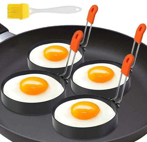 Moldes para huevos escalfados, moldes redondos para huevos | Moldes de huevo para huevos | Círculos antiadherentes para huevos fritos | Anillos de huevo con mango plegable antiquemaduras | Círculos de