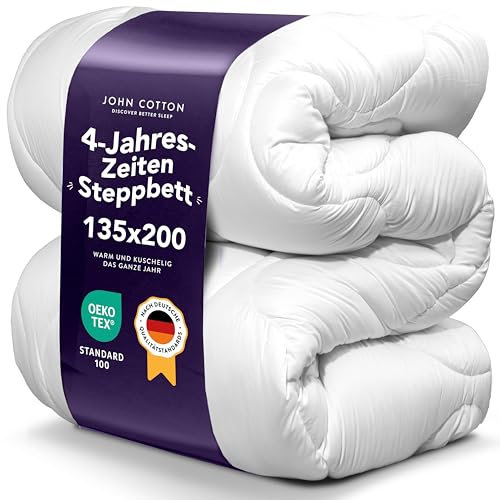John Cotton 4 Jahreszeiten Bettdecke 135x200 cm – Praktisch alle Jahreszeiten Bettdecken für Allergiker | Oeko-Test Zertifiziert Steppdecke | Atmungsaktive Decke, Oberbett 135 x 200
