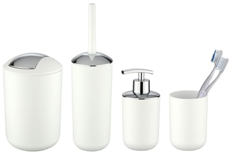 Bad-Accessoire Set Mod. Brasil, 4-teilig, bestehend aus Zahnputzbecher, Seifenspender, WC-Garnitur & Schwingdeckeleimer, für einheitliche Badausstattung, bruchsicherer Spezialkunststoff, Weiß