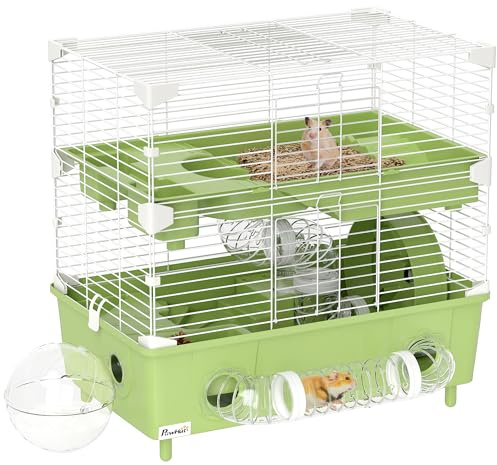 PawHut Gabbietta per Criceto a 2 Livelli e 3 Porte con Ruota Silenziosa, Lettiera e Tubi di Gioco, Gabbia per Animali in Acciaio, PS e PP, 44.5x28x44 cm, Verde e Bianco