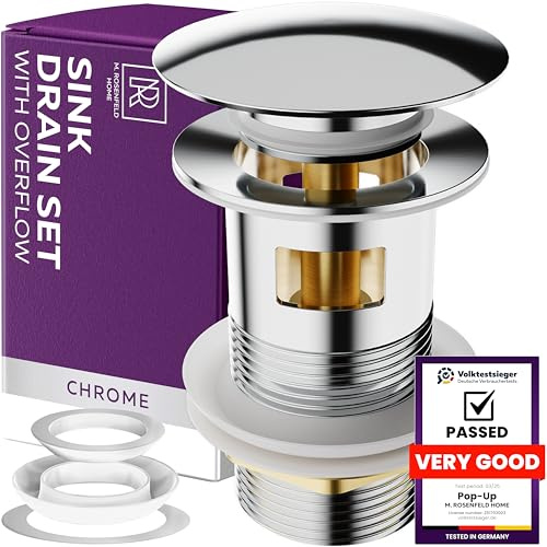 Bouchon d'évier pop-up avec trop-plein chromé – Vanne de vidange pop-up 3,8 cm en acier inoxydable et laiton pour lavabo – Vannes pop-up pour évier M. ROSENFELD HOME