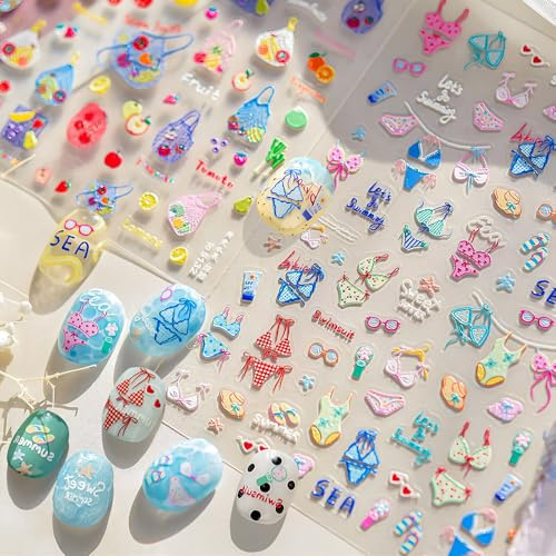 Sonnenbrille Pantoffel Badeanzug Nagelsticker Sommer Strandurlaub Bademode Netzbeutel Obst Nail Sticker Relief Swimsuit Banane Erdbeere Frucht Nagelaufkleber Swimming Suit Fruit Nagel Sticker Nail Art
