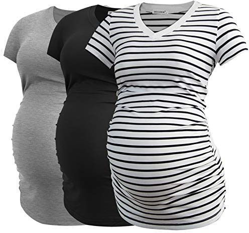 Smallshow kvinnors V hals graviditet kläder toppar sida Ruched graviditet T-shirt 3-pack,Black-Light Grey-White Stripe,M