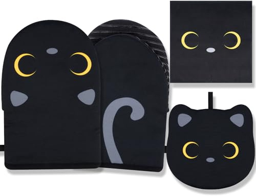 Ofenhandschuhe,Schwarze Katze Kochhandschuhe - 22 X 14 cm | Niedlich Kurz Küchenhandschuhe mit 1 Pcs Topflappen,Weich Schwarze Katzes Topflappen Handschuh Set für Backen Mikrowelle