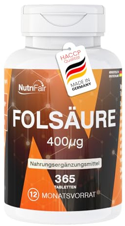 Acide folique 400μg - 365 comprimés - Fertilité et grossesse - Hautement dosé - 100% végétalien - Fabrication et contrôle en laboratoire en Allemagne - NutriFair | Premium & Fair