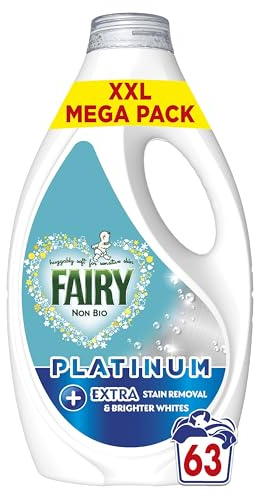 Fairy Non Bio Washing Liquid, 63 Washes, 1.953l, Platinum, With Extra Stain Removal and Brighter Whites, For Sensitive Skin