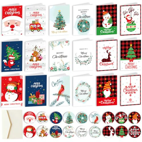 Biglietto Auguri Natale, 18 Pezzi Biglietti Auguri Natale con Busta e Adesivi, Kit di Cartoline Postali, Cartoline Natalizie Albero di Natale, Alce, Babbo, per Natale, Regalo di Natale, Capodanno