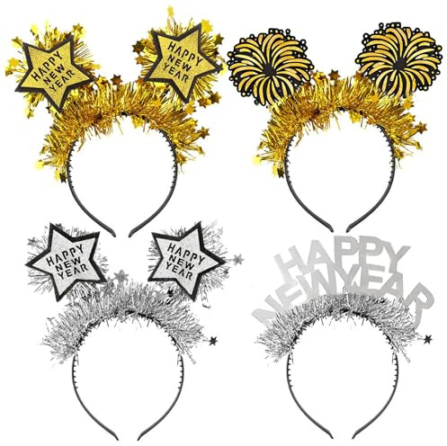 YCICHE 4 Stück Happy New Year Haarreifen, 2026 Silvester Haarreif, Neujahr Party Stirnband, Glitzer Stern Glücksbringer Silber Gold Haarband für Neujahr Foto Requisiten Silvester Party Accessoires