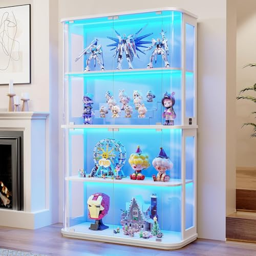 BROTTAR 67 Large Rounded Display Cabinets with Glass Door, Curio Storage Cabinet with 3 Color Lights, Display Case with Transparent Full-Display Surface&Human Body Sensor for Collectibles, White