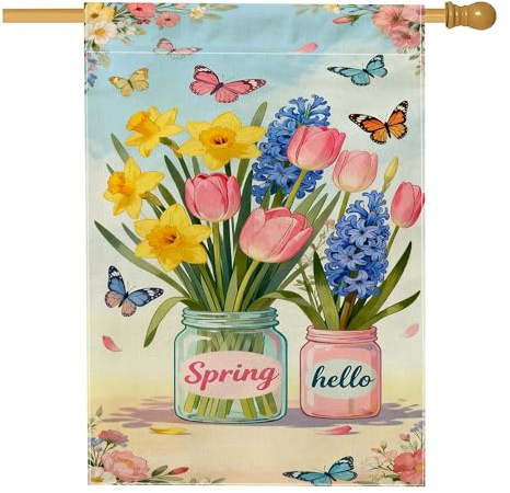 Drapeau de maison tulipe, jonquille florale printanière, jacinthe printanière, jaune, double face en toile de jute pour porche, extérieur, terrasse, cour, pelouse, entrée, balcon, 71 x 101 cm