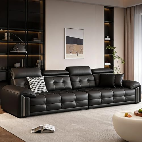 Italiensk lyxig modern enkel svart lädersoffa, massiv träram, rymlig och mjuk soffa, modern stor storlek, lämplig för vardagsrum/kontor/lägenhet.