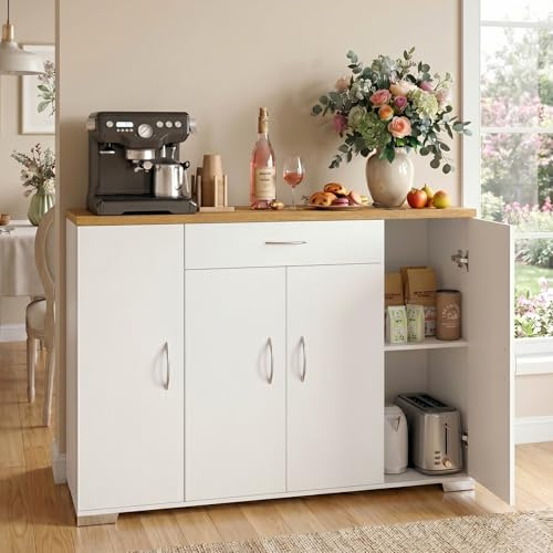 ZECIIYE Sideboard,Küchen Schrank mit Arbeitsplatte,Buffetschrank mit 1 Schubladen,4 Türen & Verstellbares Regal,Moderner Küchenkommode für Küche, Esszimmer, Wohnzimmer, Flur,110x30x70cm, Weiß & Eiche