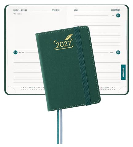 BEZEND Mini Diary 2027 12 x 8 cm, 2 Days per Page (4 Pages 1 Week) to View | Pocket B7 12.4 x 8.5 cm, Palm-sized Bi-Daily Planner with Easy-Track Corners, PU Leather Hardback, Evergreen