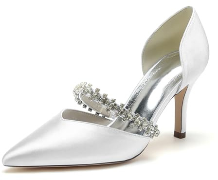 HFWXYSA Zapatos de Novia Mujer Tacón de Aguja Salones Punta Afilada Correa de Estrás Zapatos de Vestir para Fiesta Boda,Blanca,40 EU