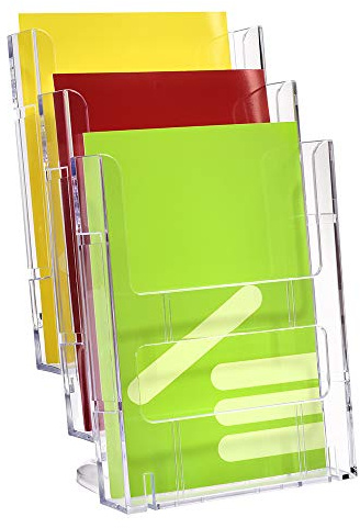 Tischprospekthalter / Flyerhalter DIN A5 Hoch / 3 Etagen / transparent | Für Flyer und Prospekte in DIN A5 Hoch (148x210mm), 23mm Fülltiefe je Fach, freistehend, transparent