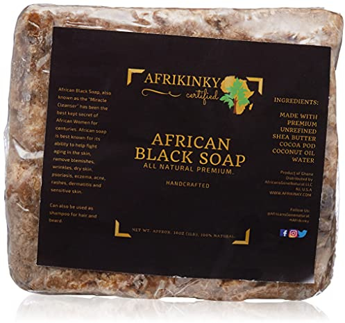 Afrikinky Premium Quality Authentic African Black Soap - Bulk 1lb Raw Organic Soap for Acne, Dry Skin, Rashes, Burns, Scar Removal, Face & Body Wash, 100% Natural Beauty Bar From Ghana Fair Trade