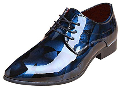 Mens Fashion Floral Patent Derby Shoes Lace Up Formal Business Shoes Pointed Toe Shiny Flat Faux Leather Dress Shoes Blue