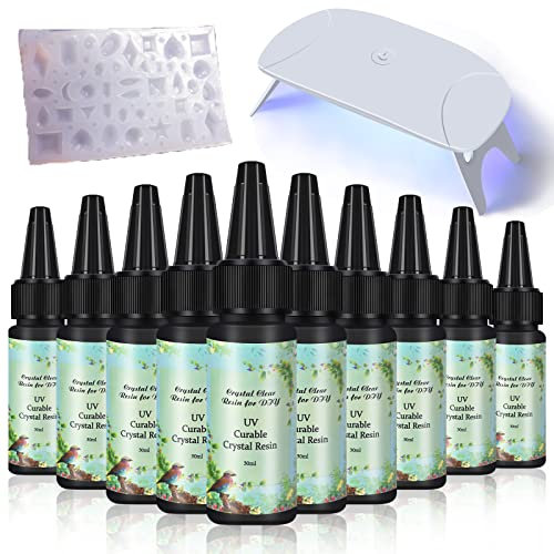 10x30 ML UV Epoxidharz Hohe Transparenz Kleine Flasche Einfach Griff UV Kleber Harz Handwerk Beschichtung Schmuckherstellung + 1 Silikonform 20 + Formen für DIY Anhänger Ohrringe Halsketten Armbänder