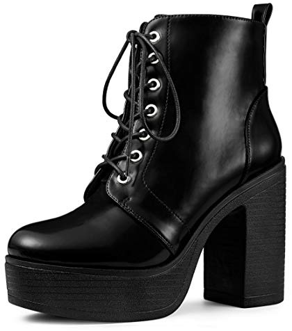 Allegra K Bottes de combat à lacets et talons hauts épais pour femmes Noir 36