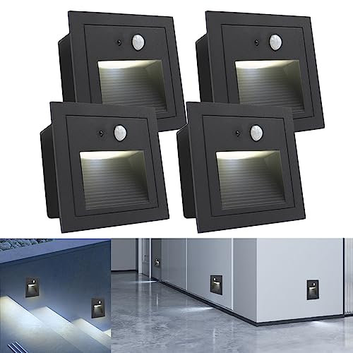 Arotelicht 4Pcs LED Lumières d'Escalier Encastré avec Détecteur de Mouvement Blanc Froid 6000K LED Applique encastrée Murale Carrée Alu 230V IP65 Etanche, Convient pour Jardin, Escalier et Terrasse.