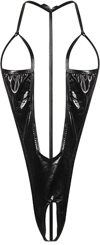 Damen Sexy Lingerie Nachtwäsche Dessous Babydoll Wetlook Teddy Offen Ouvert Tiefer V-Ausschnitt Reizwäsche Neckholder Rückenfrei Unterwäsche Stringbody, Schwarz, F