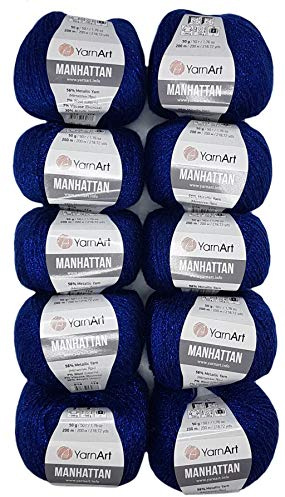 10 x 50g YarnArt Manhattan Viscose - Garn mit Glitzer, 500 Gramm Metallic-Wolle, Effektwolle (royal blau 914)