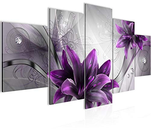 Runa Art - Bilder Blumen Lilien 200 x 100 cm 5 Teilig XXL Wanddekoration Design Grau Violett 036851b