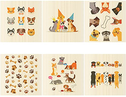 Patelai 6 Pieces Mixed Dog Swedish Cleaning Dishcloths Cloths Absorbent and Fast Drying Kitchen Dish Towels Dogs Cleaning Wipes for Kitchen Bathroom Office Wedding Housewarming, 6 Designs