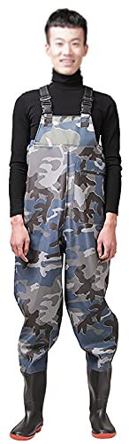 GXFXLP Anglerhose Herren mit rutschfest Stiefel, Angelhose Herren Wasserdicht mit Reißverschlusstaschen, Wathose Herren Fischerhose Herren Teichhose Trägerhose für Fische Angeln,Tarnen,UK 12/EU 46