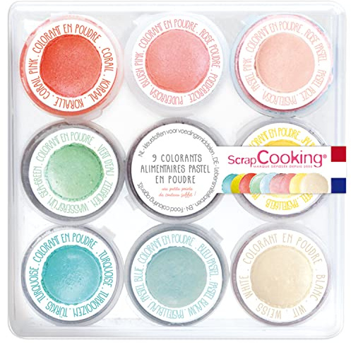 ScrapCooking - 9x Set Pastell Lebensmittelfarben Pulver - Blau, Gelb, Koralle, Rosa, Türkis, Zitronengrün, Weiß, Wassergrün, Puderrosa - Farbpulver Essbar für Torten, Kuchen, Makronen – 4272