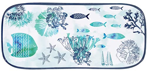 Les Jardins de la Comtesse - Bandeja rectangular pequeña de melamina, color azul mar y pescado – Tartas y pastel – Plato largo de presentación – Caribe – Colección de vajilla MelARTmine – 37,5 cm